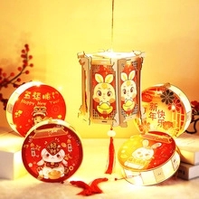 Close-up of DIY Lunar New Year lanterns with cartoon rabbit patterns and red tassels
