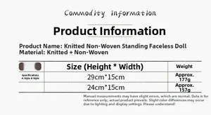 Size chart for knit faceless Santa dolls with detailed dimensions and material info