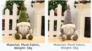 Close-up of plush forest gnome ornaments in green and grey with 58g weight spec