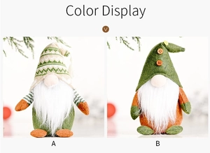 Detail view of knitted Christmas gnomes showing green striped and felt hat designs