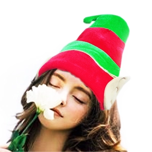 Christmas Elf Hat With Ears Red Green Striped Non-Woven Fabric Adult Festive Party Costume Hat Holiday Decoration Accessory