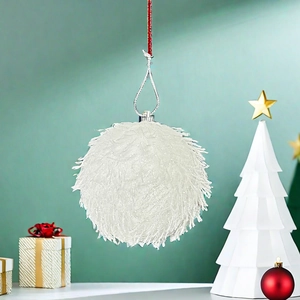 White feathered 8cm Christmas ball ornament with red string for holiday tree decoration