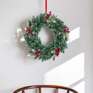 Artificial Pine Needle Christmas Wreath With Red Berries And Flocked Snow Effect Round Green Xmas Door Hanging Holiday Decoration