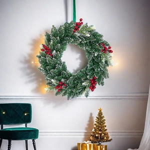 45cm Christmas wreath with frosted pine needles and red berries for holiday wall decor
