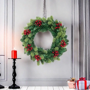 50cm Christmas wreath with realistic PVC pine branches and vibrant red berries for door decor