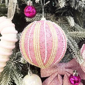 Boule de Noël rose de 10 cm avec paillettes et perles pour décoration de fête