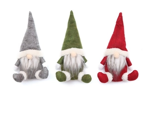 Three festive Christmas gnome plush dolls in grey, green, and red with long white beards