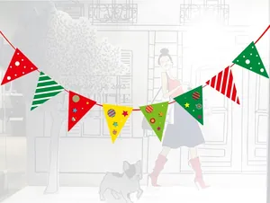 Detail view of colorful Christmas triangle flags with polka dots and stars patterns