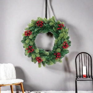 50cm Christmas wreath with green pine needles and red berries for festive door decoration