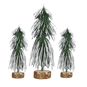 Set of three mini PE Christmas trees with snow effect on natural wood bases