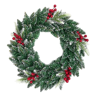 Green 45cm Christmas wreath with snow flocked pine needles and red berries for door decoration