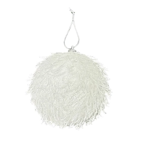 White 8cm plush Christmas ball with soft fur and silver loop hanging on white background