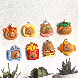Cute set of 8 resin capybara charms with burger and fries design for DIY jewelry