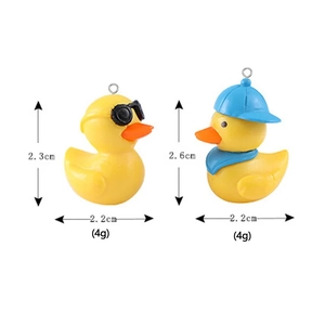 Detail view of cute PVC duck charms with sunglasses and hats, showing dimensions and weight