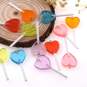 Glitter resin heart lollipop charms in colorful translucent finish for DIY jewelry crafts