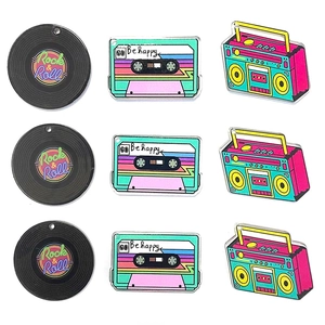 Retro acrylic music charms set including vinyl record, cassette tape and boombox radio