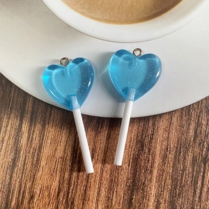 Blue glitter resin heart lollipop charms with metal rings for DIY jewelry making