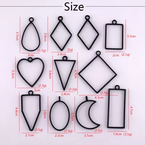 Size chart for black geometric alloy frames including heart and moon shapes for DIY pendants