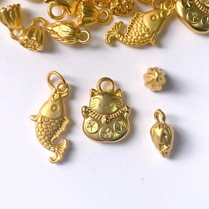 Golden DIY charms set with lucky cat, koi fish and lotus pod in matte finish