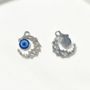 Pendentif lune évidé en argent avec œil bleu et cristaux pour création de bijoux DIY