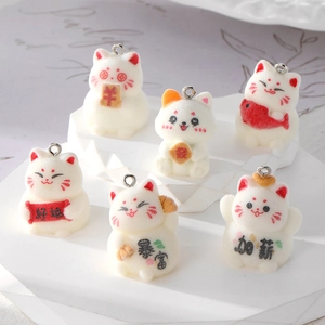 Cute Cartoon Flocked Lucky Cat Animal Pendant For DIY Earrings Keychain Making Supplies Plastic Resin Maneki Neko Charm Decor