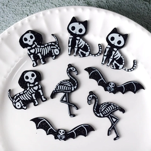 Halloween Animal Skeleton Pendants Black Glitter Acrylic Cat Dog Bat Flamingo Charms For DIY Necklace Earring Jewelry Making