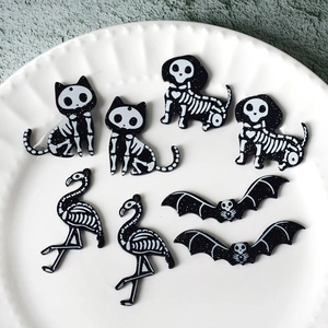 Halloween skeleton animal charms featuring glittering cat dog and bat for DIY jewelry