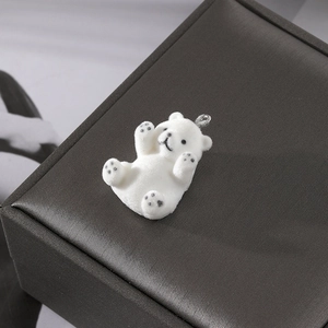 Cute white flocked bear charm with silver metal ring for DIY jewelry and keychains