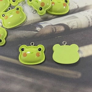 Cute green resin frog head charms for DIY jewelry with silver metal loop attachments