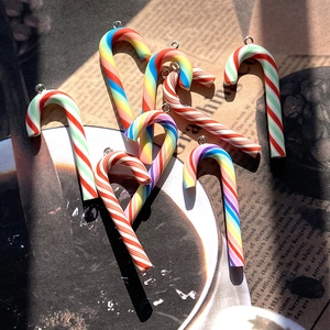 Set of 7 Christmas candy cane charms with rainbow stripes and metal rings for DIY jewelry