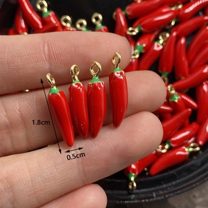 Red chili pepper alloy charm with green leaf for DIY jewelry making 1.8x0.5cm
