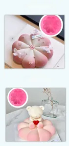 Detail of 8-petal flower silicone mold for mousse cake with finished dessert samples