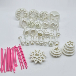 47pcs fondant baking tool set with white plunger cutters and pink sculpting pens
