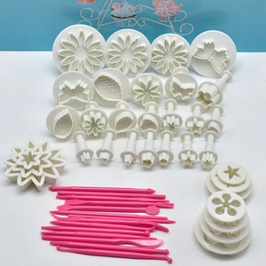 47pcs fondant cake cutter set with white flower molds and pink modeling tools