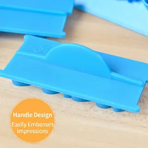 Blue plastic cursive font cake stamp tool with handle for Happy Birthday embossing