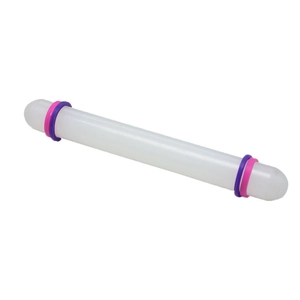 Detail view of 23cm non-stick rolling pin with adjustable purple and pink thickness rings