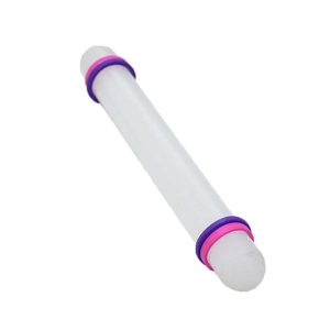 Macro view of 23cm non-stick rolling pin with colorful thickness guide rings for baking