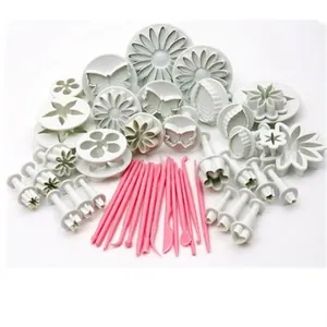 47pcs DIY fondant cake decorating set with white plunger cutters and pink modeling tools