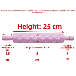 Pink heart-patterned rolling pin for DIY fondant baking showing dimensions of 25cm in length