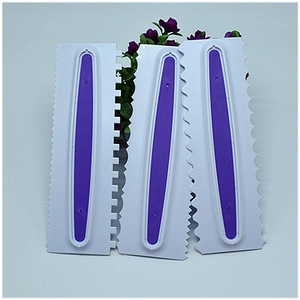 Three-piece cake scraper set with serrated edges and purple non-slip handles for DIY baking
