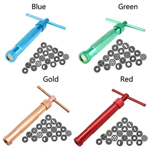 Clay extruder tool with 20 interchangeable discs in four vibrant metallic colors