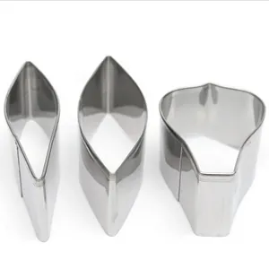 Close-up of three different stainless steel peony petal cutters for fondant cake DIY