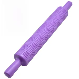 Detailed macro view of purple plastic rolling pin with intricate grid texture for fondant