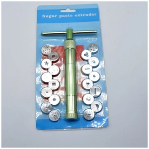 Green sugar paste extruder set with 20 stainless steel pattern discs in retail packaging