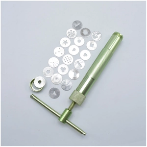 Detail of 20 interchangeable stainless steel discs and clay extruder tool set