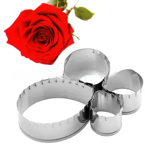 Macro detail of 4pcs stainless steel peony petal cutters for fondant cake decorating