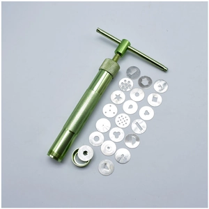 Clay extruder tool kit with green metal pump and 20 diverse stainless steel pattern discs