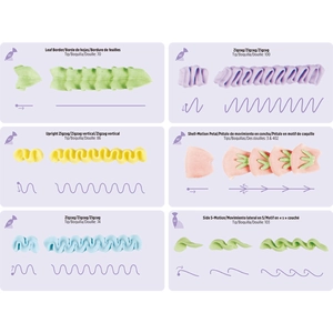 Cake piping tip guide with 23 practice patterns showing various icing styles and angles