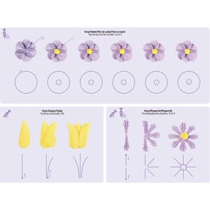 Macro view of cake piping practice sheets showing 2D and 3 nozzles with flower techniques