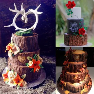 Detail of tree bark textured cake mold with deer antlers and floral silicone accents